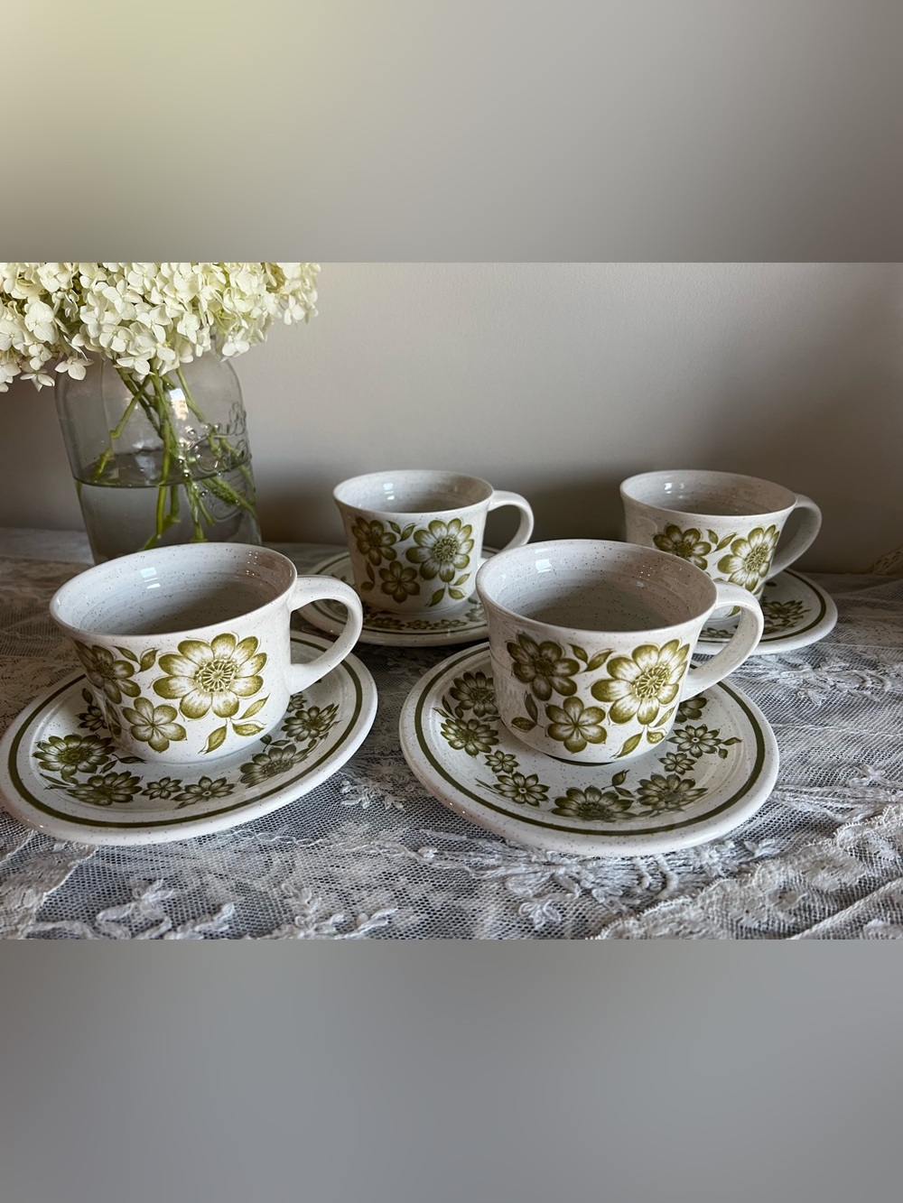 4 Vintage J&G Meakin England “Floral Dance” Ironstone Cups and Saucer Sets